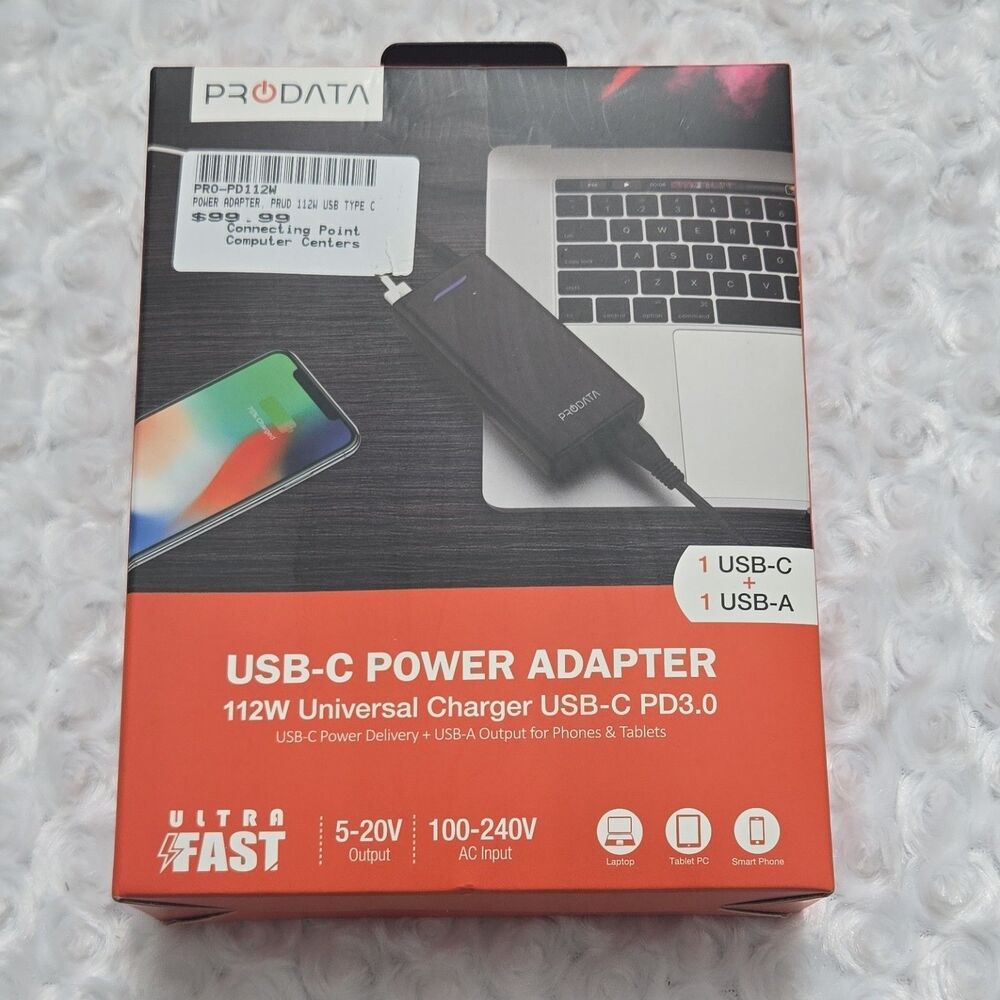 PRODATA 112W USB-C Power Adapter PD3.0 Universal Charger, USB-C & USB-A, Black